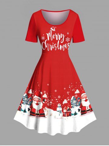 Plus Size Christmas Snowman Santa Claus Snowflake Print Vintage Dress - RED - 5X