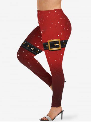 Plus Size Christmas Santa Claus Belt Star Glitter 3D Print Leggings - RED - 6X