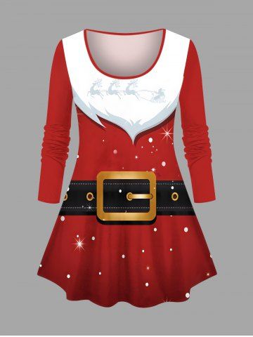 Plus Size Christmas Santa Claus Belt Star Glitter 3D Print T-shirt - RED - 6X