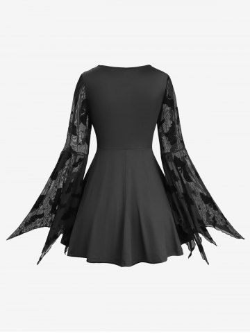 Bat Mesh Flocking Ruched 2 in 1 Top and Lace Up Contrast Godet Hem Flare Pants Plus Size Outfit