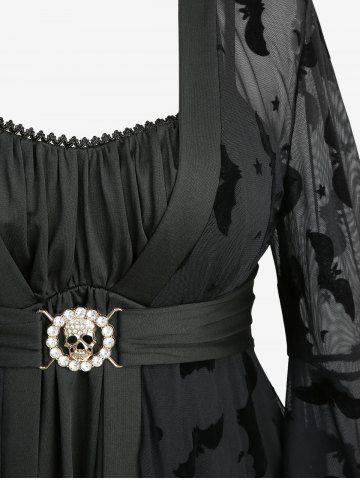 Bat Mesh Flocking Ruched 2 in 1 Top and Lace Up Contrast Godet Hem Flare Pants Plus Size Outfit