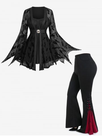 Bat Mesh Flocking Ruched 2 in 1 Top and Lace Up Contrast Godet Hem Flare Pants Plus Size Outfit