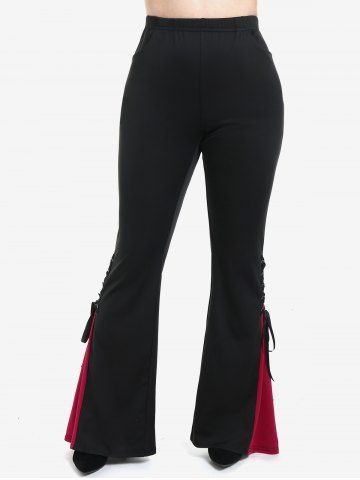 Bat Mesh Flocking Ruched 2 in 1 Top and Lace Up Contrast Godet Hem Flare Pants Plus Size Outfit