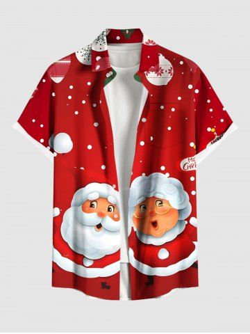 Plus Size Christmas Ball Snowflake Santa Claus Print Button Pocket Shirt For Men - RED - 6XL