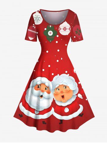 Plus Size Christmas Ball Snowflake Santa Claus Print A Line Dress - RED - 6X