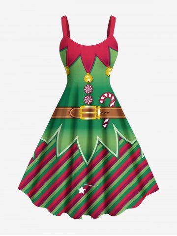 Plus Size Christmas Elf Candy Print A Line Dress - GREEN - 4X