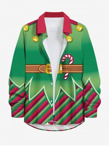 Plus Size Christmas Elf Candy Print Button Long Sleeves Shirt For Men - GREEN - 7XL