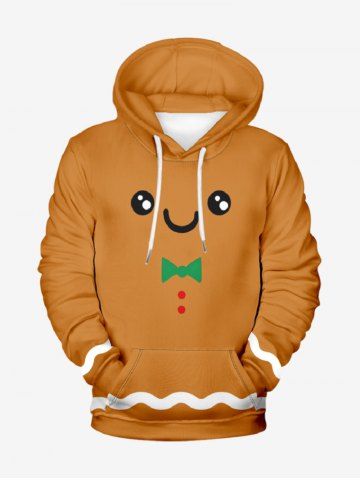 Plus Size Christmas Gingerbread Print Pocket Drawstring Pullover Long Sleeves Hoodie For Men - LIGHT BROWN - 7XL