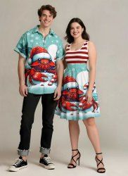 Christmas Hat Snowflake Moon Crab Candy Coconut Tree Striped Print Plus Size Matching Outfit For Couples -  