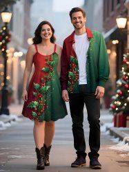 Tenue assortie grande taille pour couple, motif feuilles de houx de Noël, paillettes, imprimé 3D - Rouge 