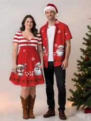 Christmas Santa Claus Elk Snowflake Holly Fruit Print Plus Size Matching Outfit For Couples -  
