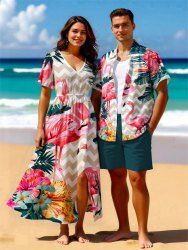 Tropical Leaf Hibiscus Flower Flamingo Zig Zag Print Plus Size Matching Hawaii Beach Outfit For Couples -  