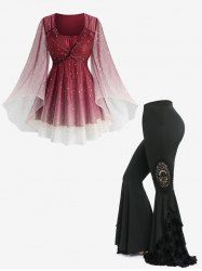 Stars Silver Stamping Ombre Print Mesh Twist Flare Sleeves Top and Skull Flocking Applique Flare Pants Plus Size Outfit -  