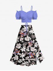Ensemble assorti Hawaï à imprimé tropical fleurs et feuilles, grande taille - Bleu Poudre 