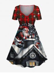 Plus Size Christmas Santa Claus Snowflake Plaid Print Cinched Dress -  