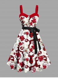 Robe grande taille à carreaux de Noël, imprimé fleurs de cerf et flocons de neige, boutons, col rabattu et ceinture - Rouge Cerise 1X