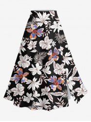 Jupe hawaïenne fendue à imprimé tropical fleurs et feuilles grande taille - Noir S