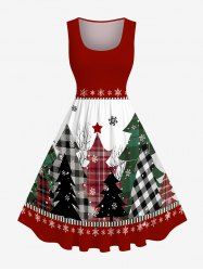 Plus Size Christmas Tree Plaid Snowflake Colorblock Print 1950s Vintage Dress -  