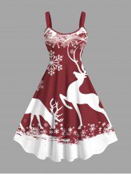 Plus Size Christmas Elk Snowflake Colorblock Print Tank Dress -  