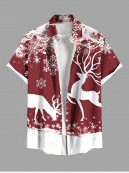 Plus Size Christmas Elk Snowflake Colorblock Print Buttons Pocket Shirt For Men -  