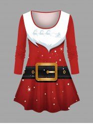 T-shirt grande taille avec ceinture de Père Noël, étoiles et paillettes, imprimé 3D - Rouge 1X