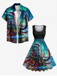 Christmas Hat Light Octopus Ombre Galaxy Print Plus Size Matching Outfit For Couples -  