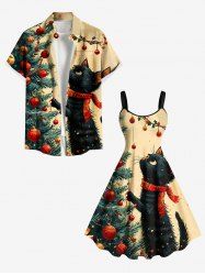 Ensemble assorti grande taille pour couples, imprimé chat et boule de Noël - Beige 