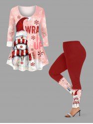 Ensemble t-shirt et leggings à manches longues pour femme, bonnet de Noël, bonhomme de neige, lettres imprimées, ombré, grande taille - Rose clair 