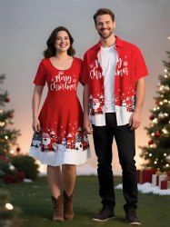 Ensemble assorti grande taille pour couples, motif bonhomme de neige, Père Noël et flocons de neige - Rouge 