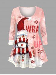 T-shirt à manches longues pour femme, grande taille, imprimé bonnet de Noël, bonhomme de neige et lettres, dégradé ombré - Rose clair 4X