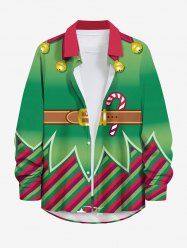 Chemise à manches longues boutonnée grande taille avec imprimé de bonbons et d'elfes de Noël pour hommes - Vert 7XL