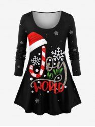 Plus Size Christmas Hat Snowflake Candy Letters Print Long Sleeves Women T-shirt -  