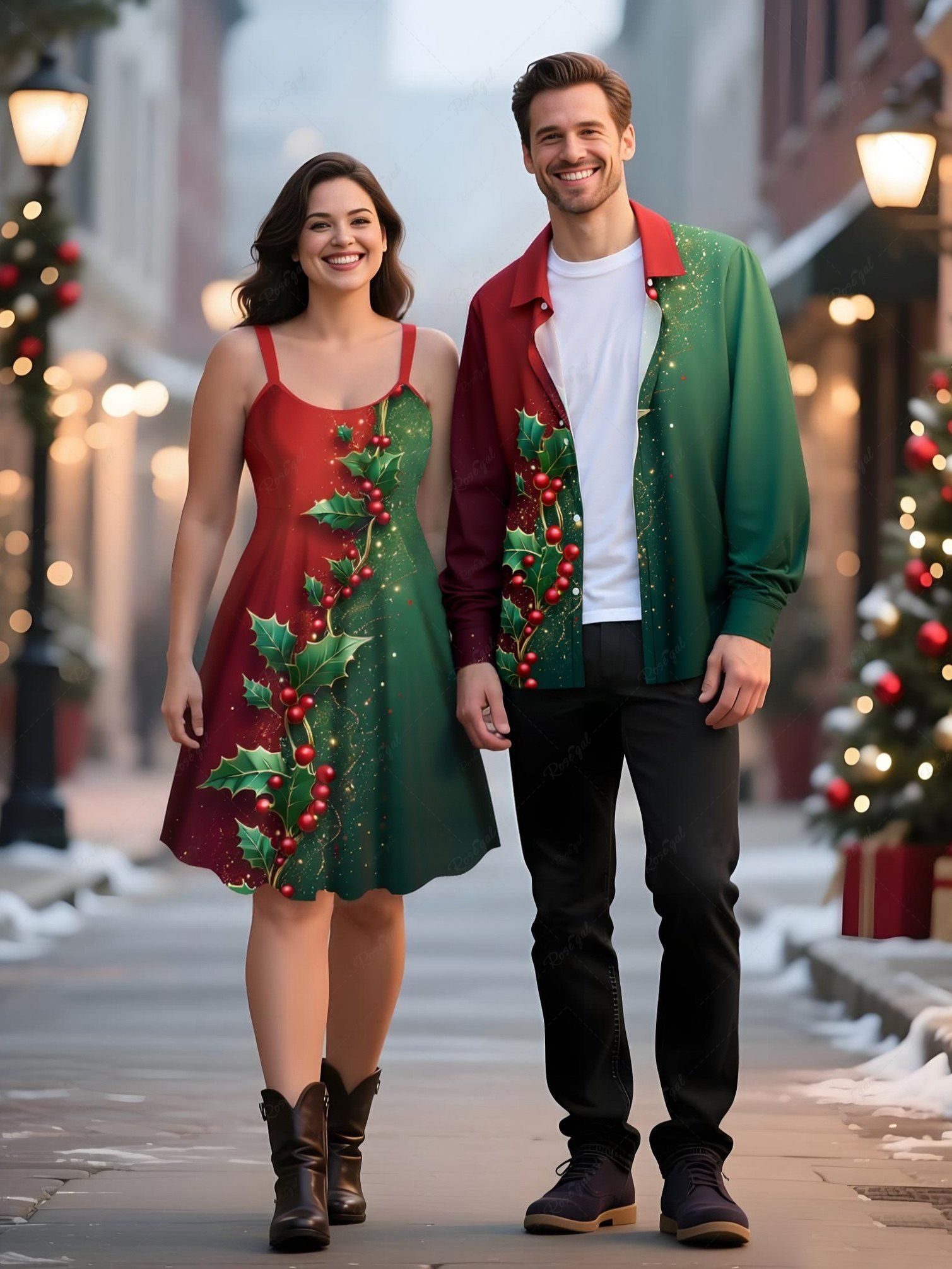 Tenue assortie grande taille pour couple, motif feuilles de houx de Noël, paillettes, imprimé 3D Rouge 