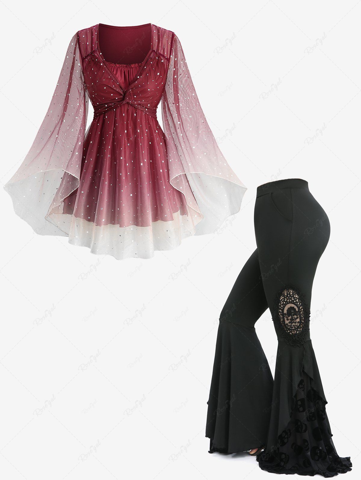 Trendy Stars Silver Stamping Ombre Print Mesh Twist Flare Sleeves Top and Skull Flocking Applique Flare Pants Plus Size Outfit  