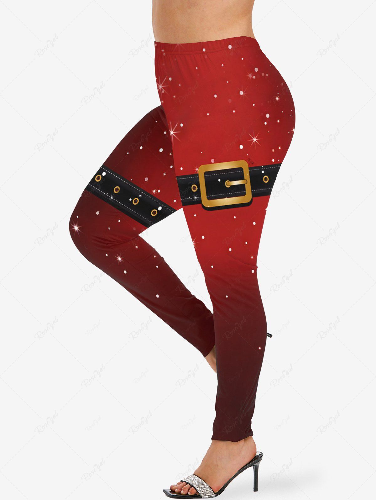 Leggings grande taille imprimés Père Noël, étoiles et paillettes, ceinture et paillettes, imprimé 3D Rouge XS