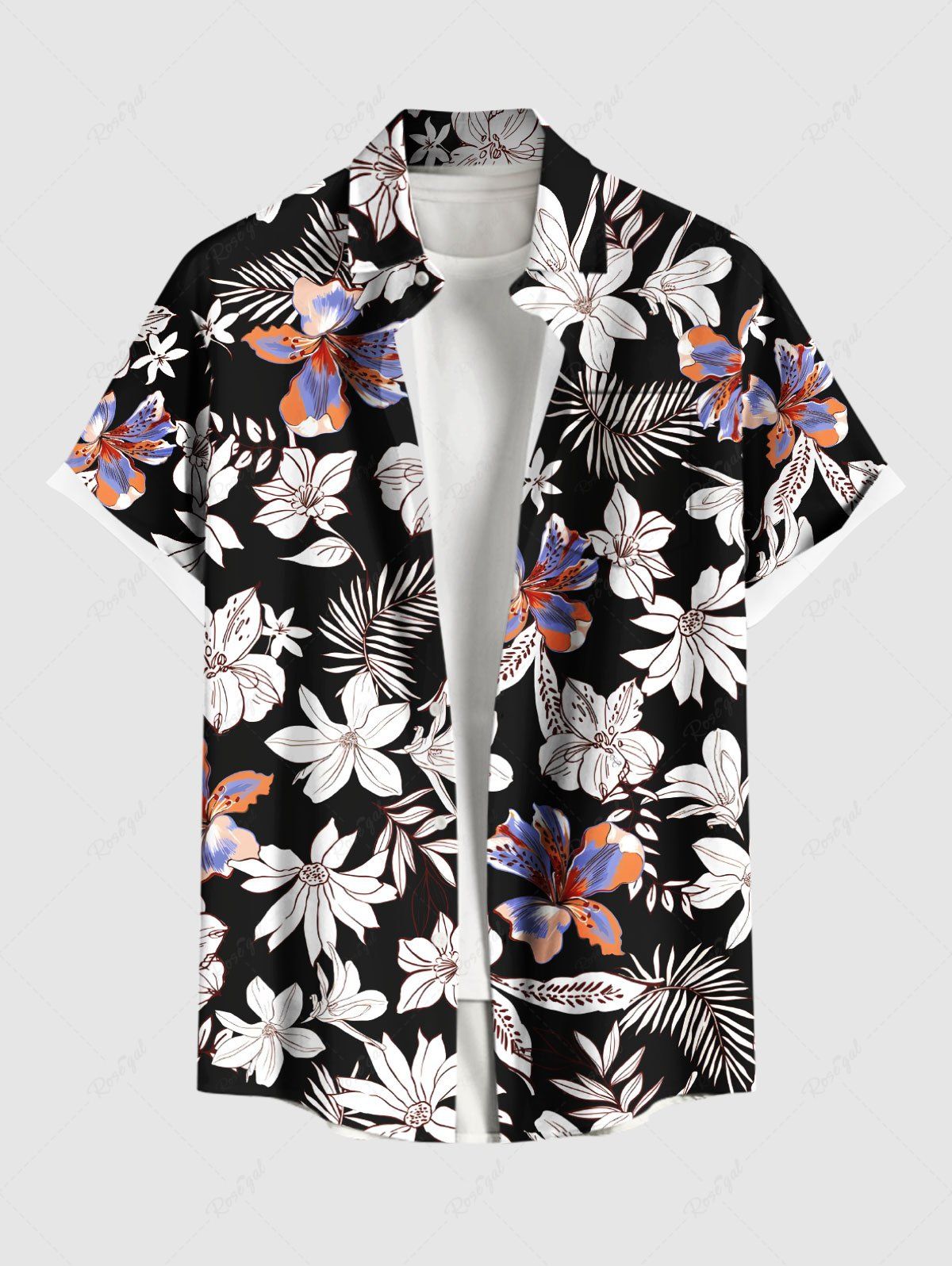 Chemise hawaïenne grande taille pour homme, à imprimé tropical floral et feuilles, boutons et poche. Noir S