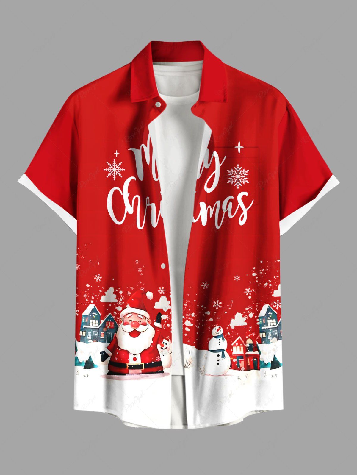 Chemise de Noël grande taille à boutons et poche pour homme, motif bonhomme de neige, Père Noël et flocon de neige Rouge S