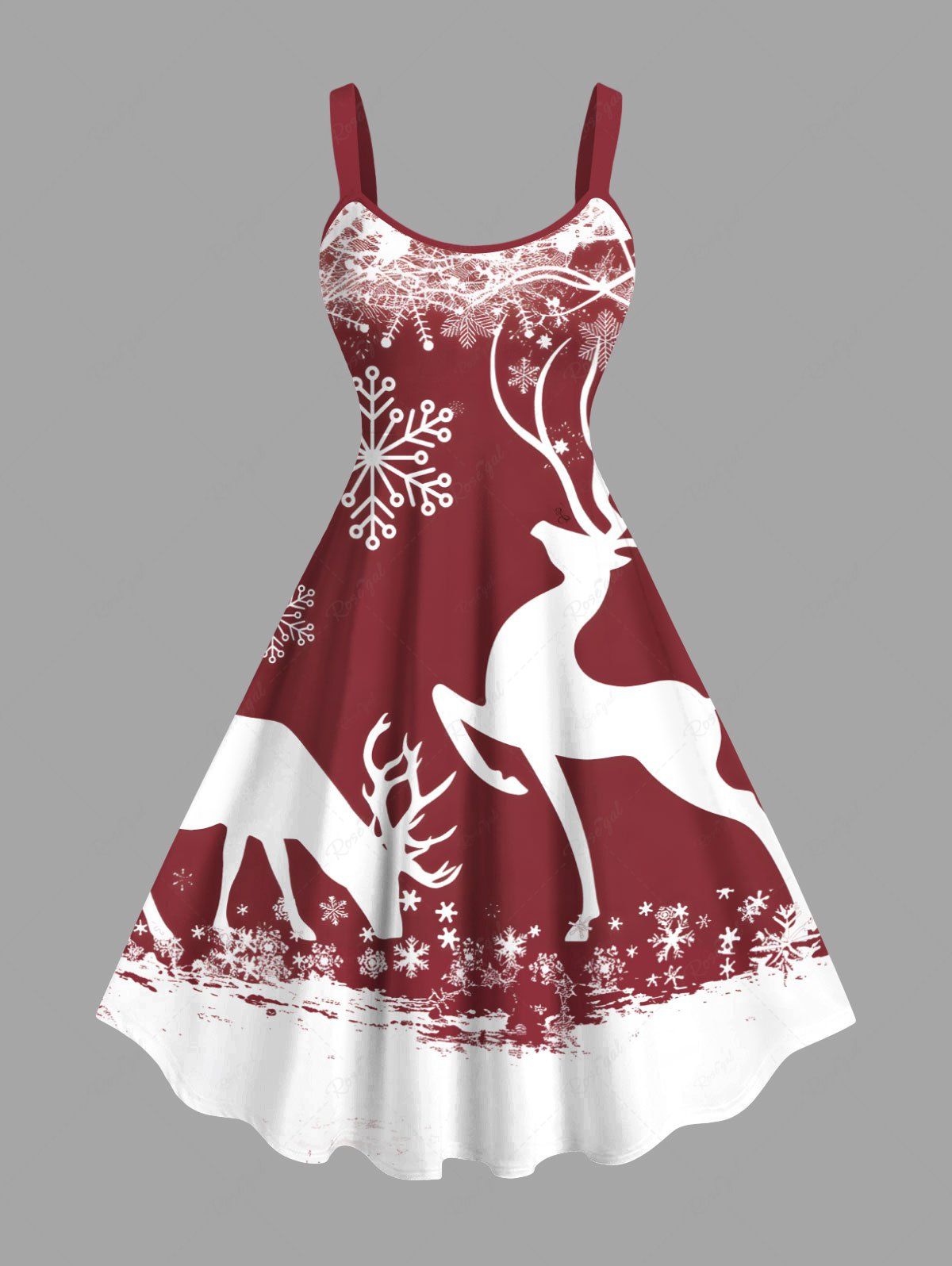 Hot Plus Size Christmas Elk Snowflake Colorblock Print Tank Dress  