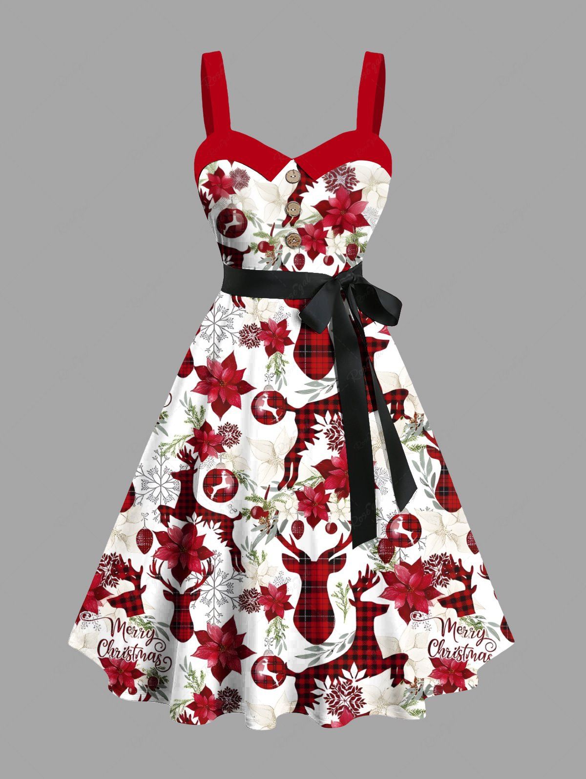 Robe grande taille à carreaux de Noël, imprimé fleurs de cerf et flocons de neige, boutons, col rabattu et ceinture Rouge Cerise 3X