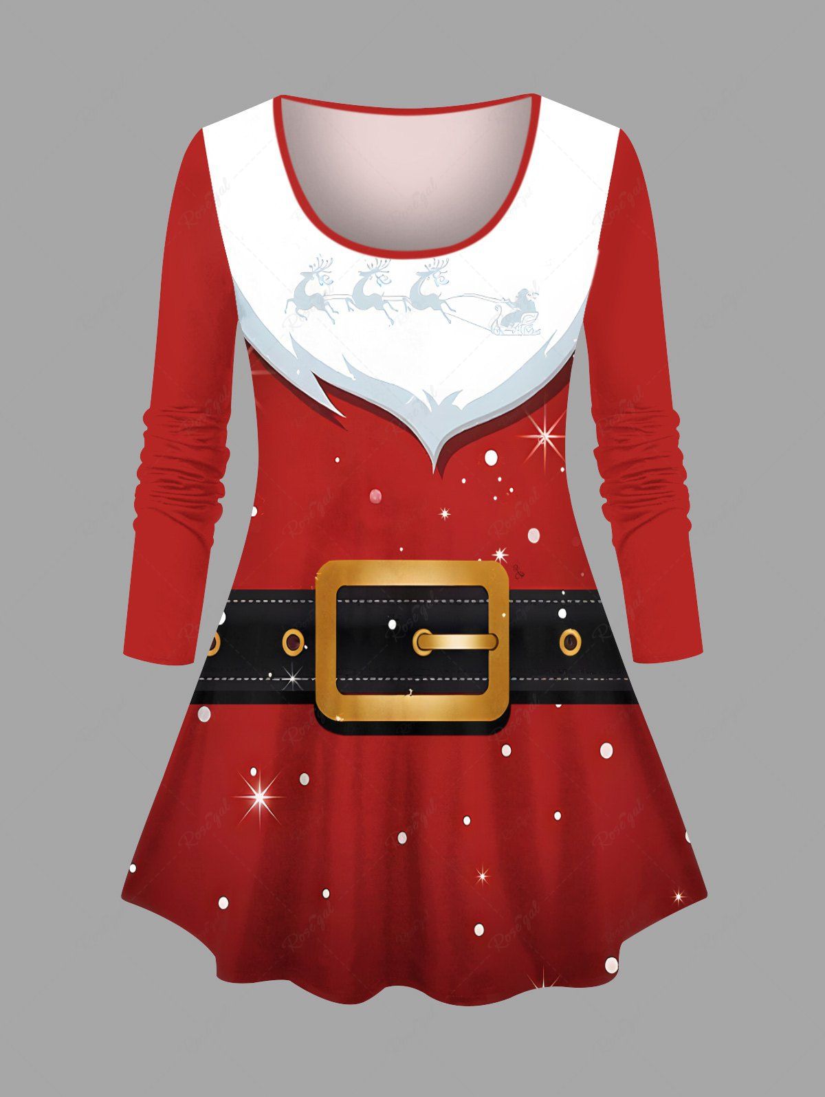 T-shirt de Noël grande taille avec ceinture Père Noël et étoiles scintillantes, imprimé 3D Rouge XS