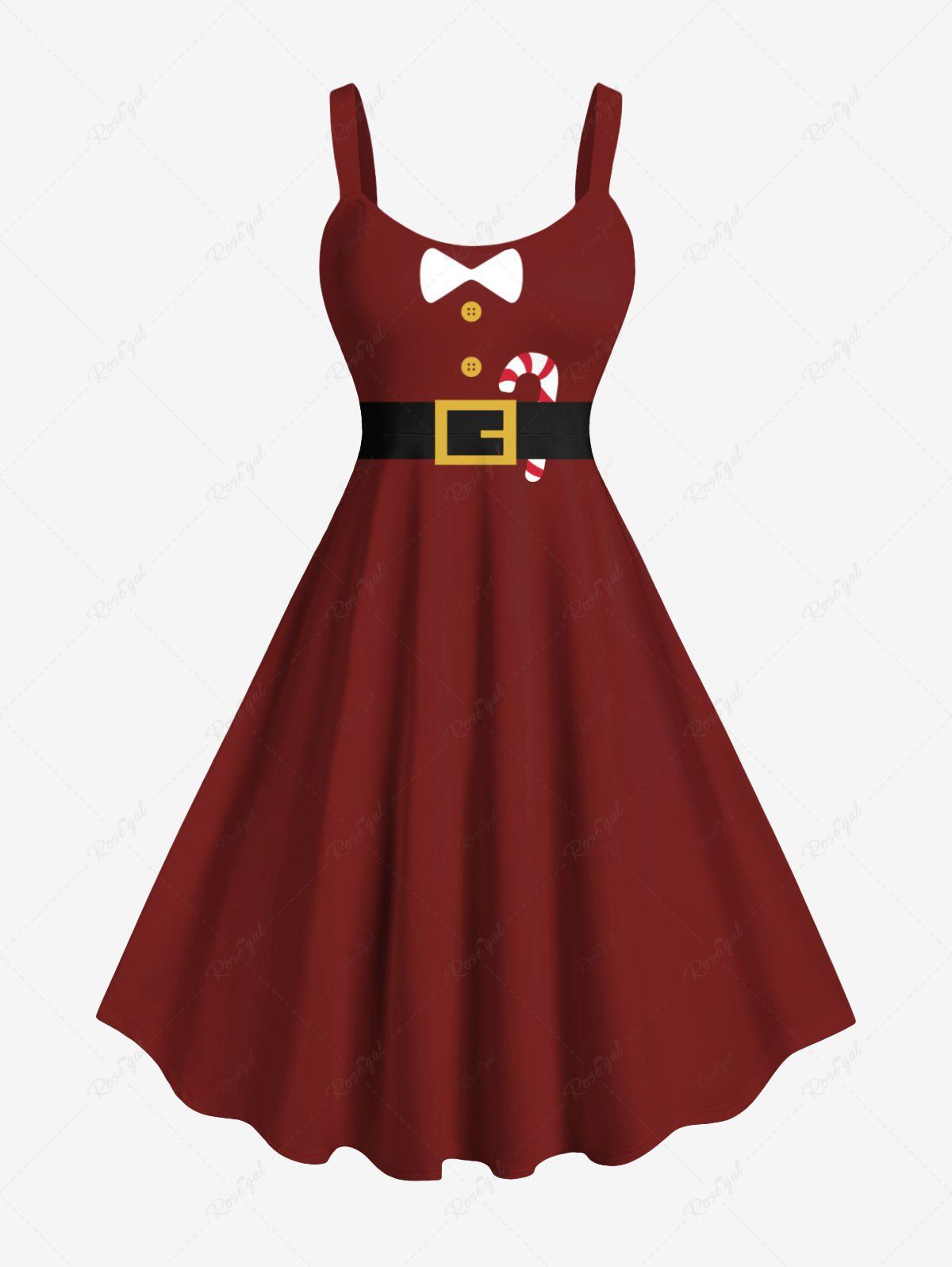 Robe débardeur grande taille à imprimé Père Noël, bonbons, nœud papillon, ceinture Rouge Vineux 2X
