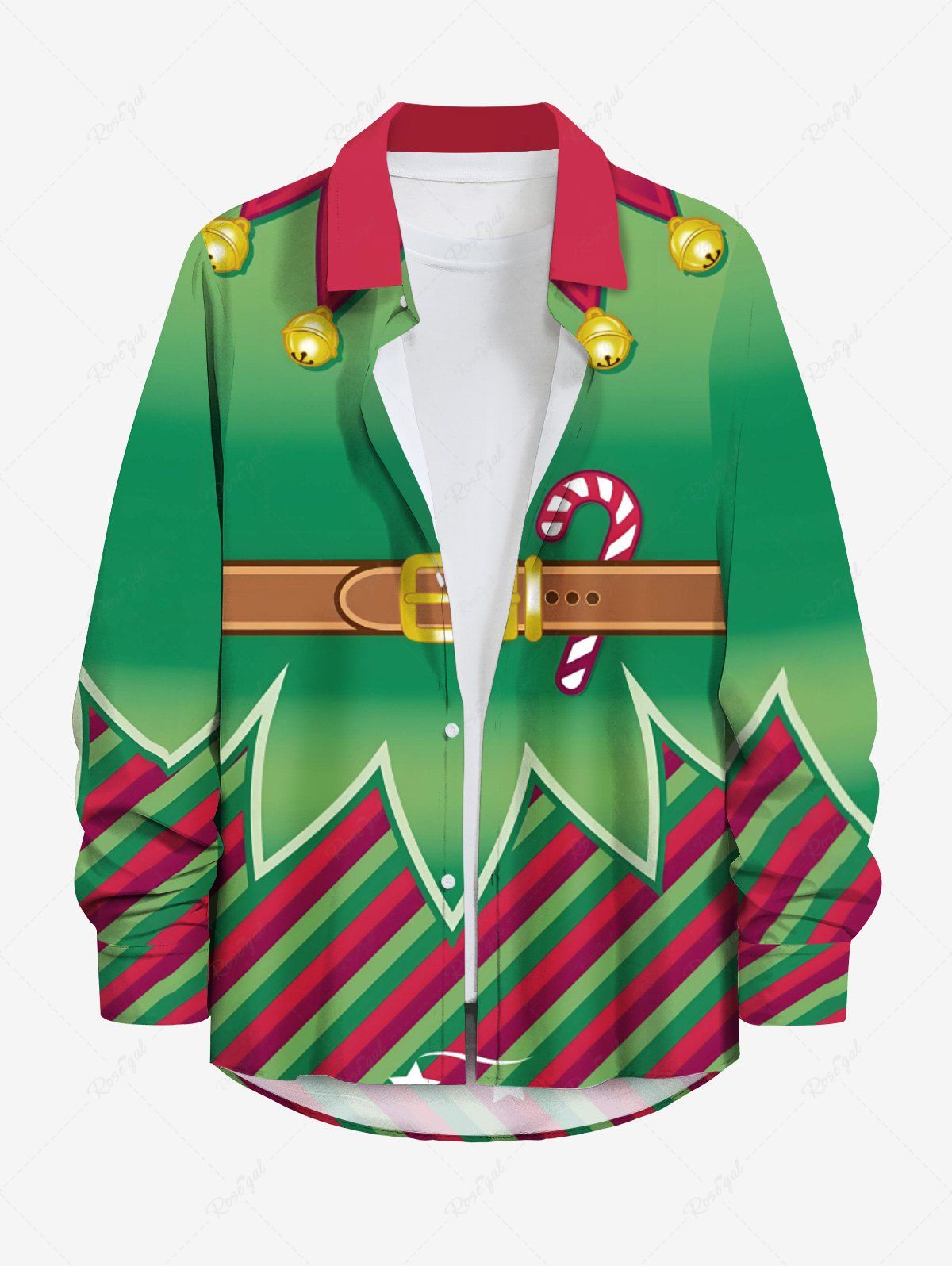 Chemise à manches longues boutonnée grande taille avec imprimé de bonbons et d'elfes de Noël pour hommes Vert M