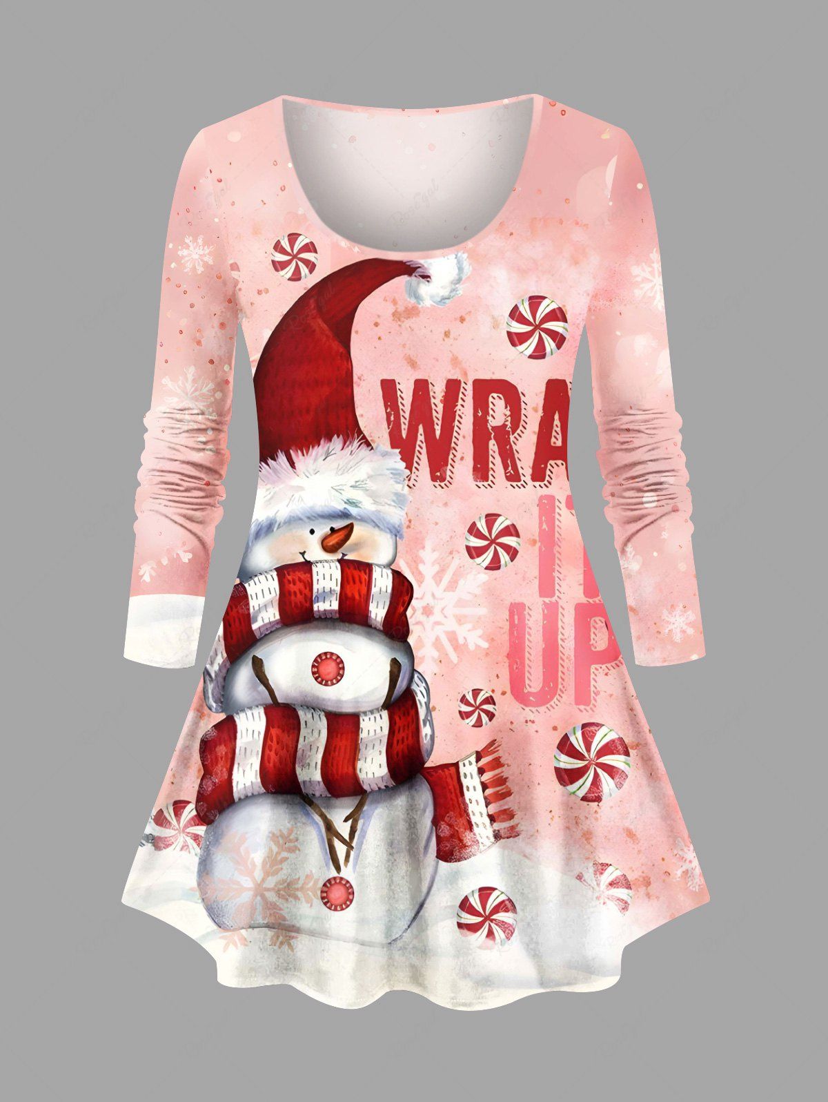 T-shirt à manches longues pour femme, grande taille, imprimé bonnet de Noël, bonhomme de neige et lettres, dégradé ombré Rose clair XS