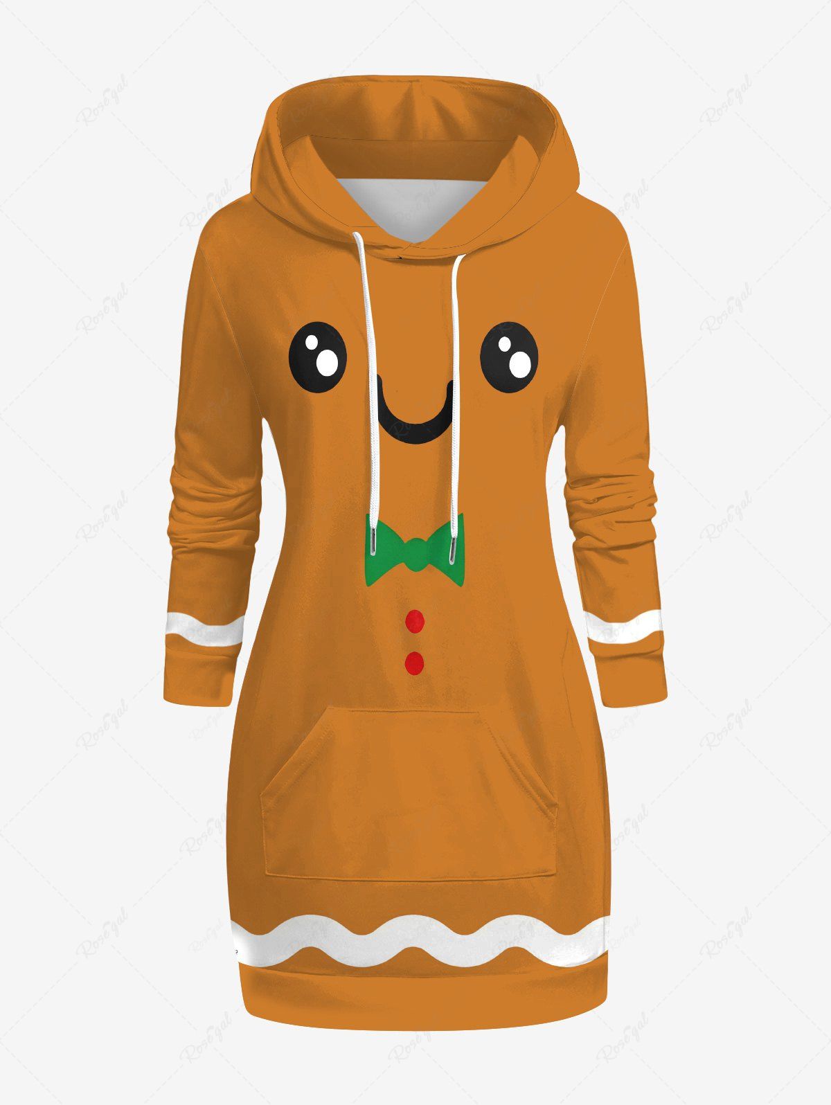 Sweat à capuche à manches longues, imprimé pain d'épice de Noël grande taille, avec poche et cordon de serrage. Brun Légère 4XL