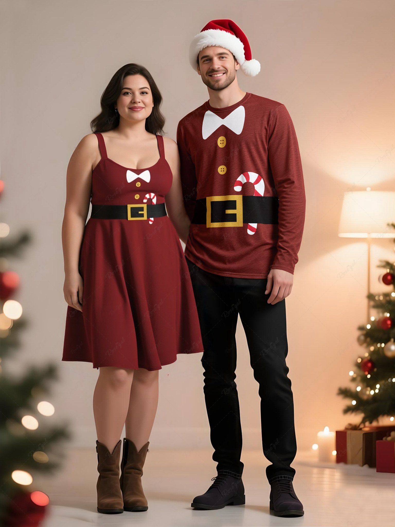 Buy Christmas Santa Claus Candy Bowknot Belt Print Plus Size Matching Outfit For Couples  