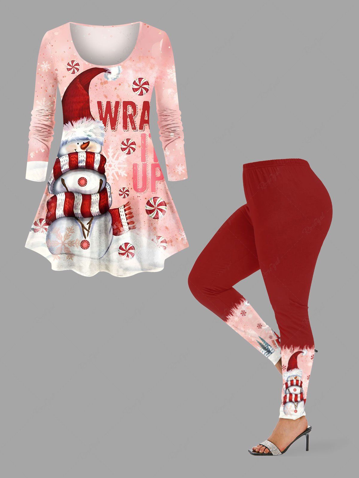 Ensemble t-shirt et leggings à manches longues pour femme, bonnet de Noël, bonhomme de neige, lettres imprimées, ombré, grande taille Rose clair 