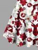 Robe grande taille à carreaux de Noël, imprimé fleurs de cerf et flocons de neige, boutons, col rabattu et ceinture - Rouge Cerise 3X
