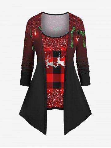 Plus Size Christmas Elk Plaid Sparkling Sequin 3D Print 2 In 1 Long Sleeves T-shirt - RED - XS