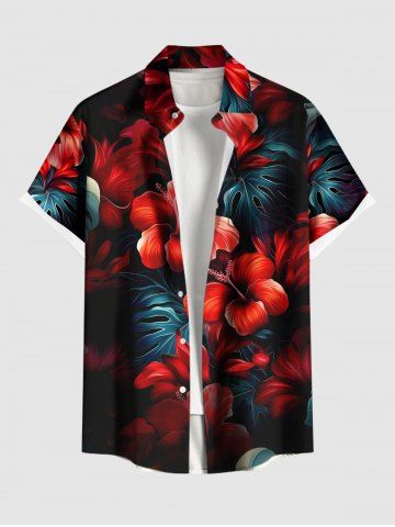 Plus Size Hibiscus Flowers Tropical Leaf Print Buttons Pocket Hawaii Shirt For Men - BLACK - 4XL
