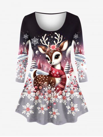 Plus Size Christmas Tree Elk Snowflake Flowers Print Long Sleeves T-shirt - BLACK - 3X